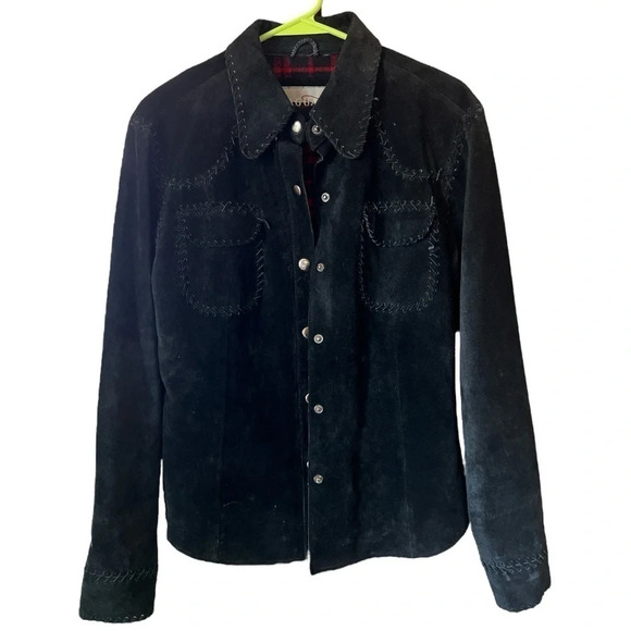 Saguaro Western Black Suede Shirt Jacket w/ Whipstitched Edges Flannel Lined (M) - Picture 1 of 11